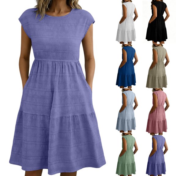 Smsaxvxz Women's Summer Dress Fashion Solid Crew Neck Sleeveless Sundress Casual Loose Flowy Hem Knee Length T-Shirt Mini Dress Purple L