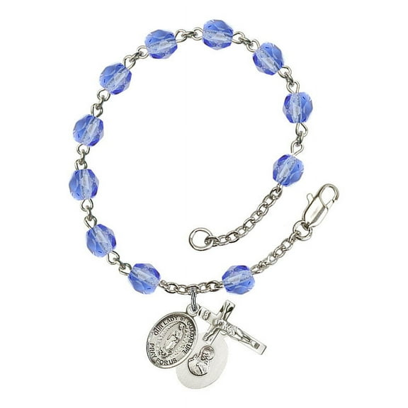 Our Lady of Guadalupe Silver Plate Rosary Bracelet 6mm September Blue Fire Polished Beads Crucifix Size 5/8 x 1/4 medal charm