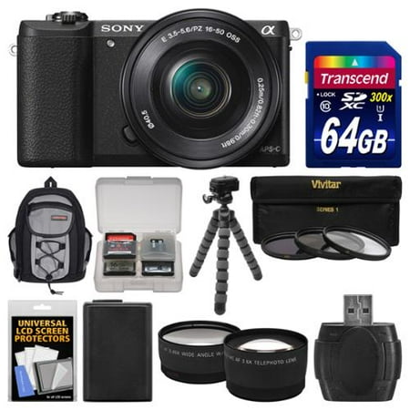 Sony Alpha A5100 Wi-Fi Digital Camera & 16-50mm Lens (Black) with 64GB Card + Backpack + Battery + Tripod + Filters + Tele/Wide Lens Kit