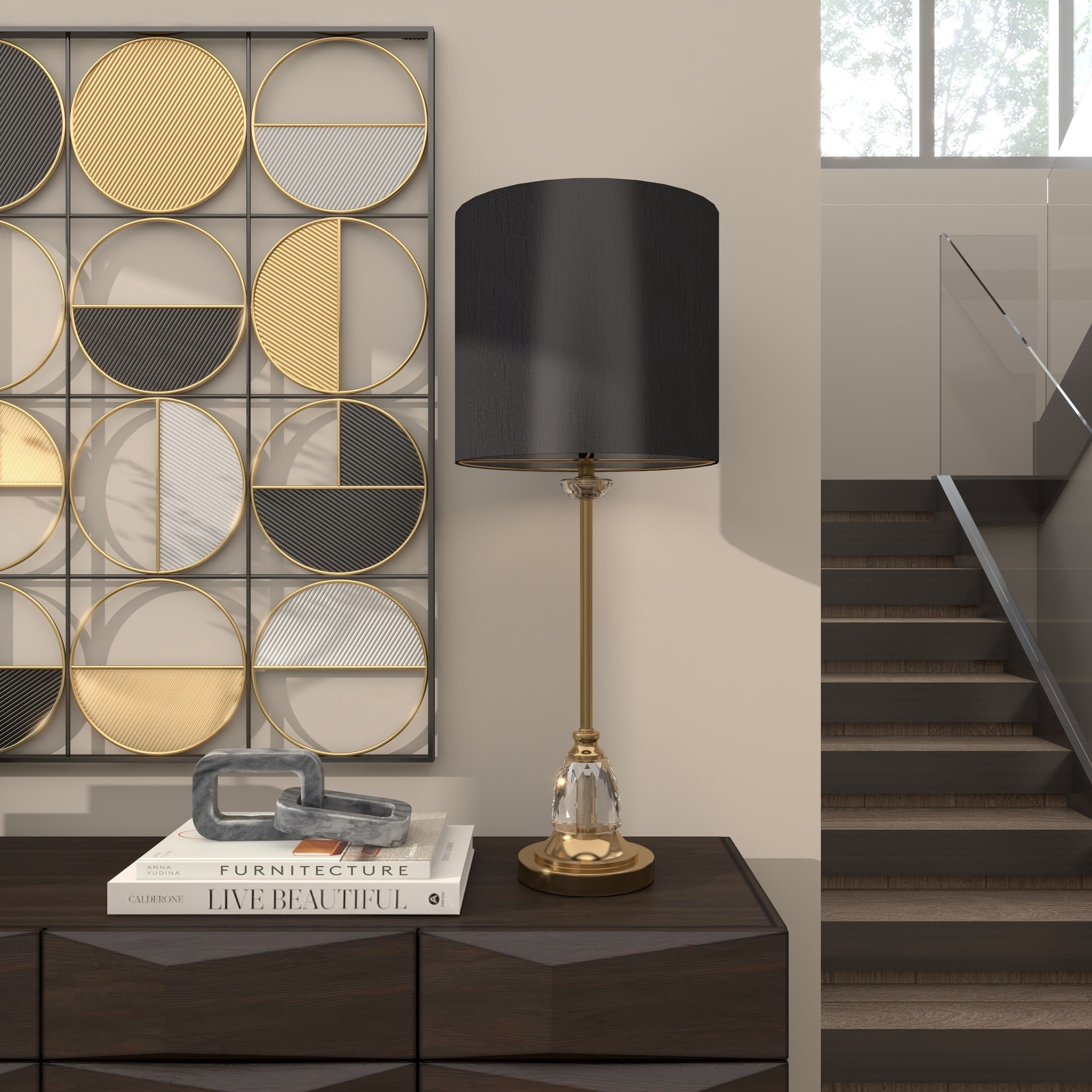 DecMode 31" Gold Buffet Lamp with Black Fabric Shade