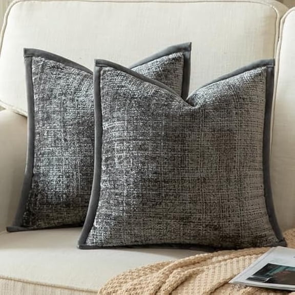 Eryueer Pack of 2 Chenille Textured Decorative Cushion Covers Accent Solid Throw Pillow Covers Soft Cozy Pillow Case with Velvet Back for Couch Sofa Bed Living Room 18x18 Inch 45x45cm Grey