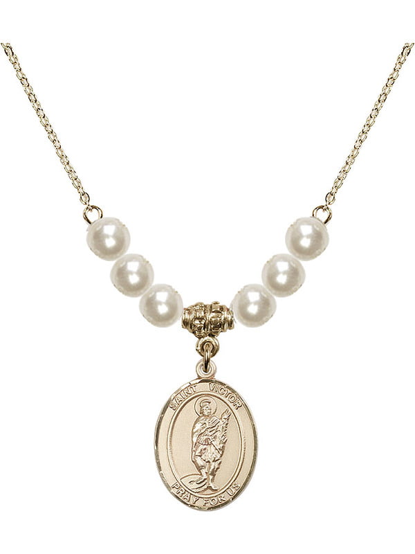 18-Inch Rhodium Plated Necklace with 6mm Faux-Pearl Beads and Sterling Silver Saint Victor of Marseilles Charm.