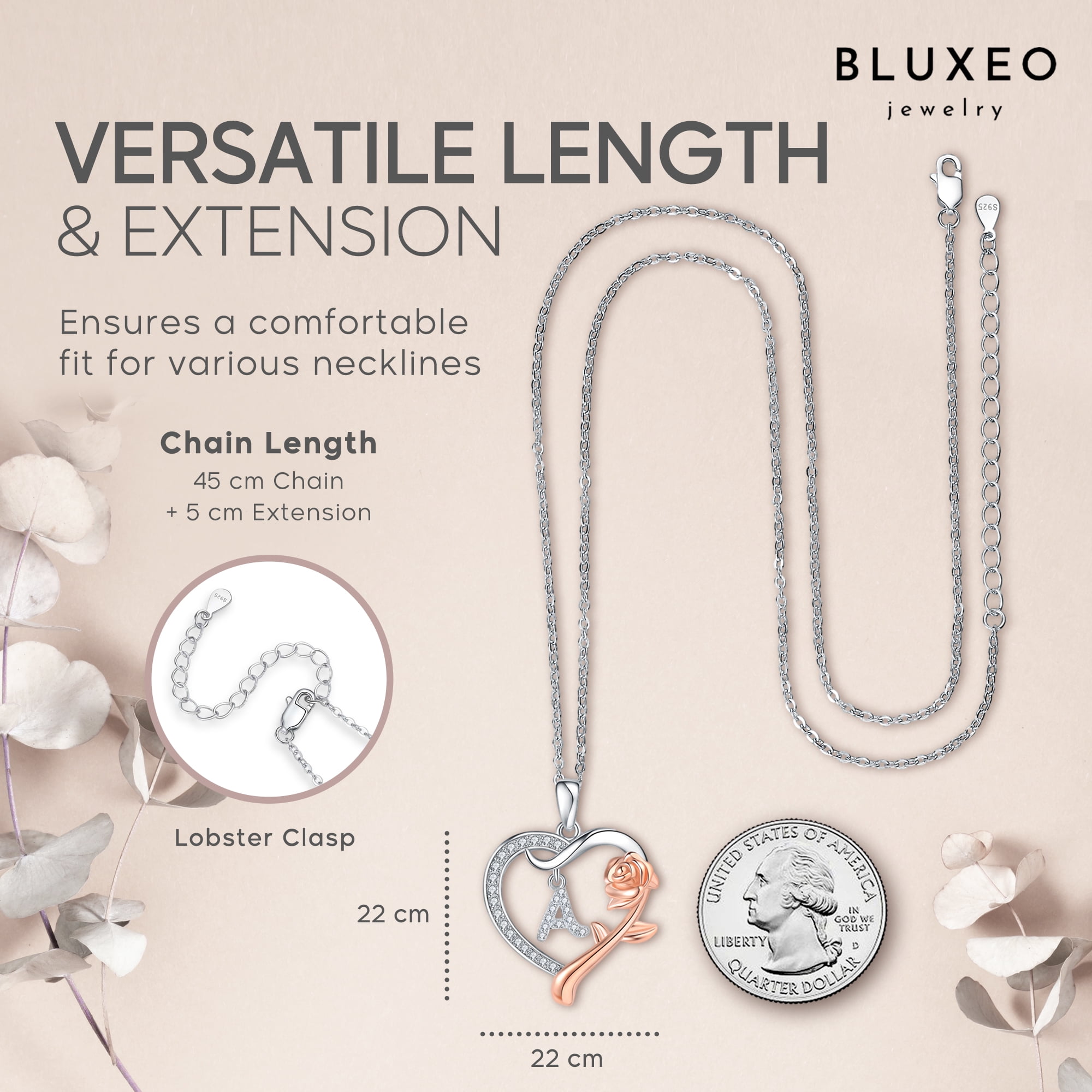 Bluxeo 925 Sterling Silver Rose Heart Initial Necklace, Christmas Gifts for Women Wife  Anniversary Birthday Gifts for Women, Jewelry Gift for Her Wife Girlfriend Mom Daughter