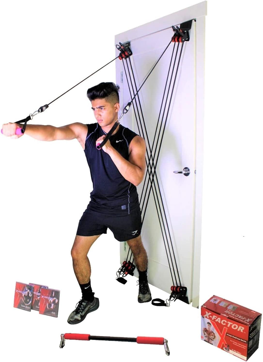 X Factor Door Gym Complete Home Gym Full Body Workout Total Exercise System Package | Strength Training Fitness Resistance System | Includes Straight Bar, DVD, Workout Chart