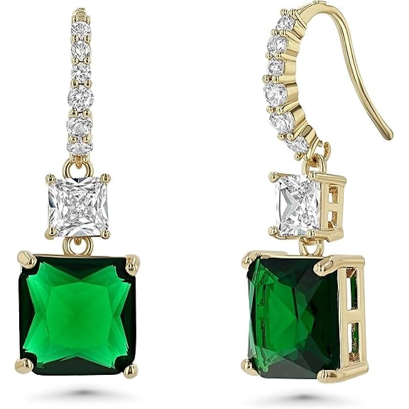 18K Gold Plated Green Statement Dangle Earrings with Square-Cut Stone for Women