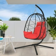 Sesslife Adult Steel Egg Hanging Chair with Soft Cushion and Pillow for Bedroom Patio Balcony, Red
