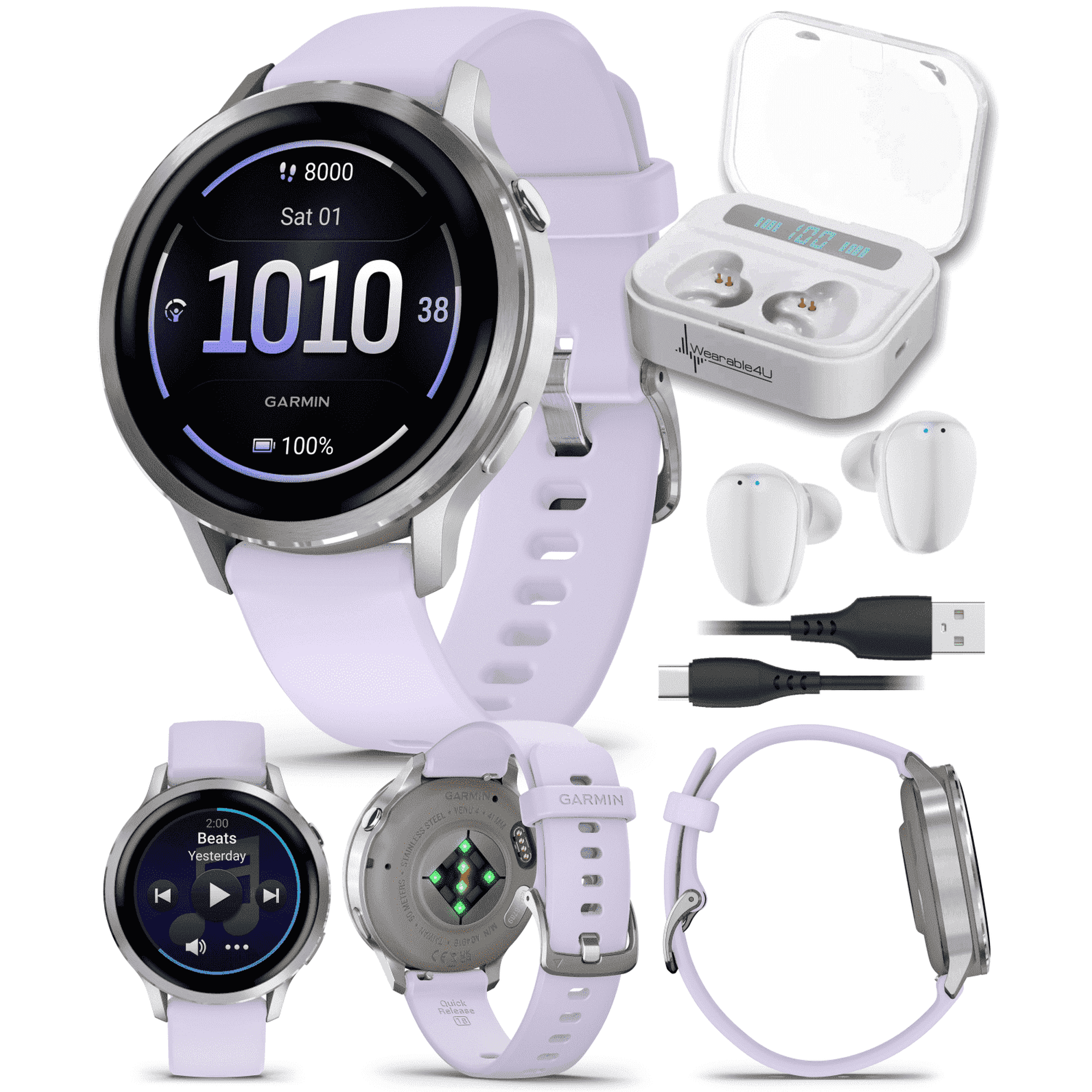 Garmin Venu 4 - 41mm AMOLED Advanced Health & Fitness GPS Smartwatch, Bright & Colorful Display, Flashlight, Up to 10 Days, Silver w/Periwinkle Silicone Band w/Wearable4U White EarBuds Bundle