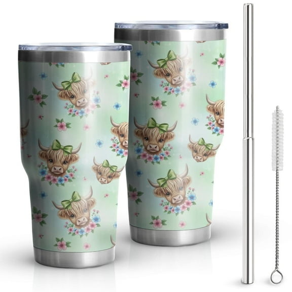 30oz Green Highland Cow Flower Pattern Tumblers Stainless Steel Tumbler with Lid and Straw,Vacuum Insulated Double Wall Travel Tumbler Cups Mug with Cleaning Brush for Coffee,Tea