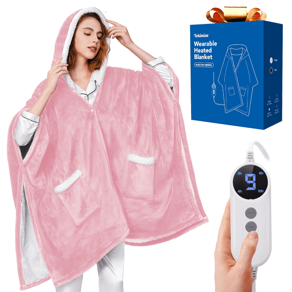 Ocuuziisu Wearable Heated Throw Blanket with Pockets and Hood, 50" x 70" Flannel and Sherpa Electric Wrap, 9 Heating Levels, 10-Hour Auto Shut Off, Machine Washable, Pink