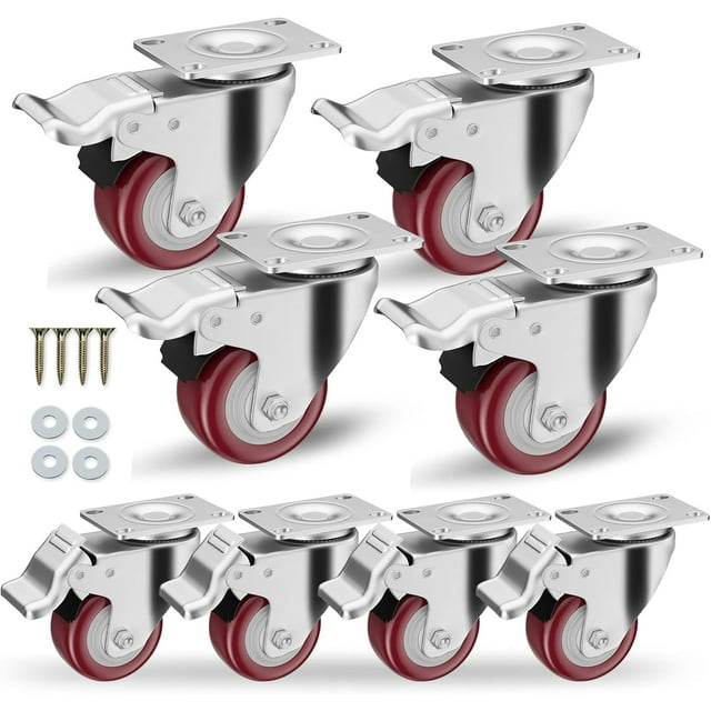 LinenLoon Casters Set of 8 Heavy Duty - Caster Wheels 2 Inch. Locking Casters. Swivel Casters with Brake (Top Plate). Double Ball Bearing Non Marking Castor Wheels for Cart Furniture Workbench