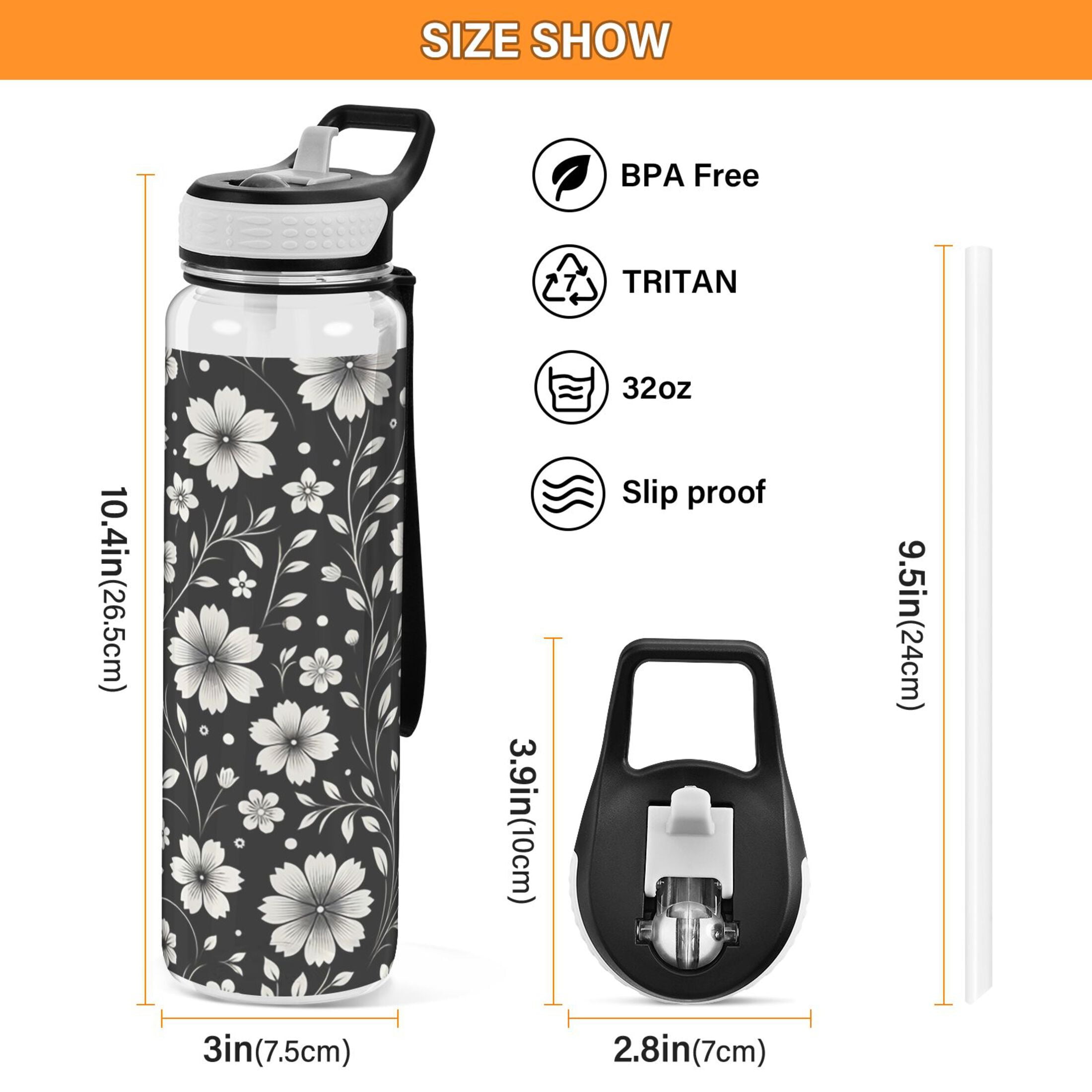 Retro White and Black Flowers Sports Water Bottle 32oz with Straw for Kids Travel Mug BPA Free Leak Proof for School