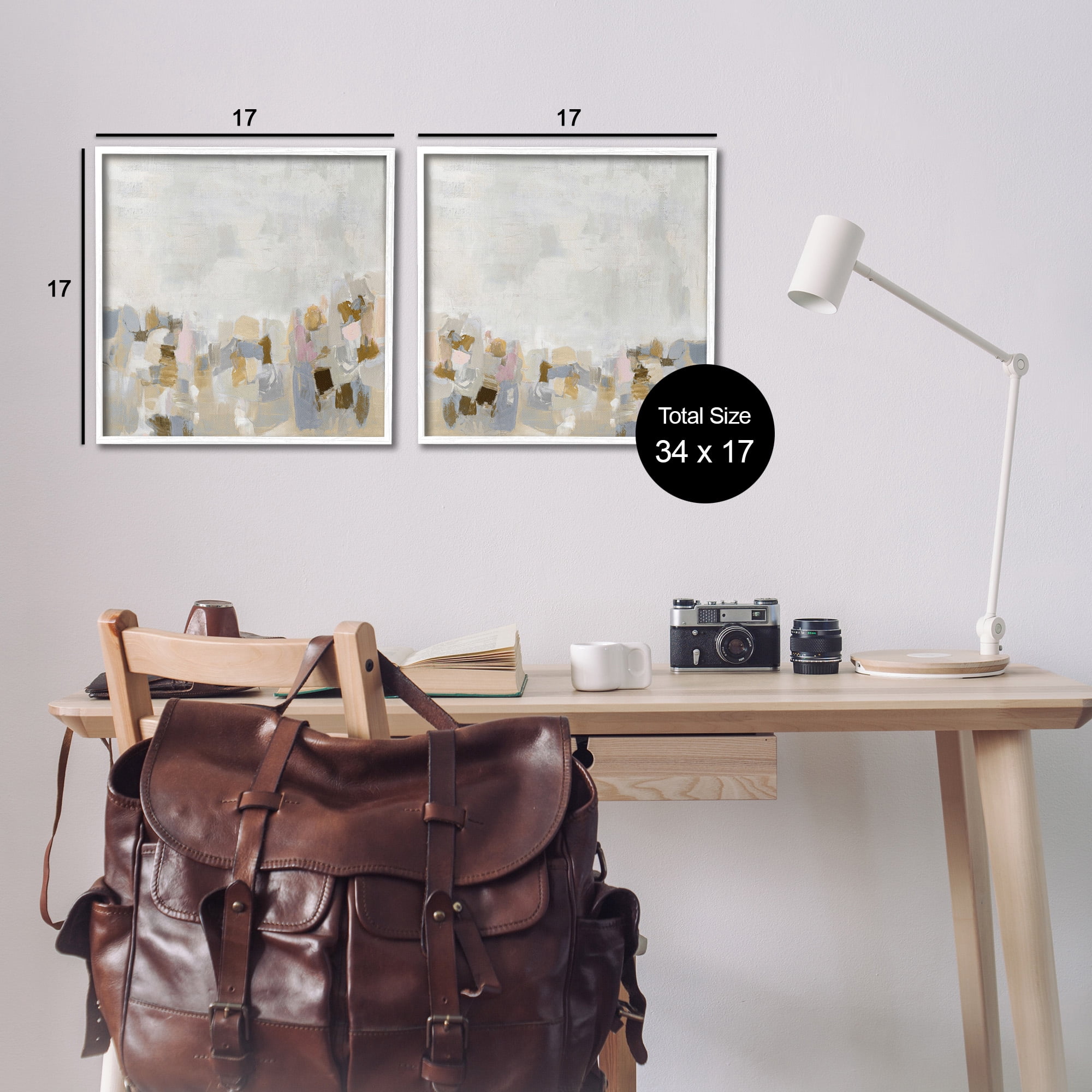 Stupell Industries Neutral Geometric Horizon Abstract Painting White Framed Art Print Wall Art, 17 x 17, Set of 2