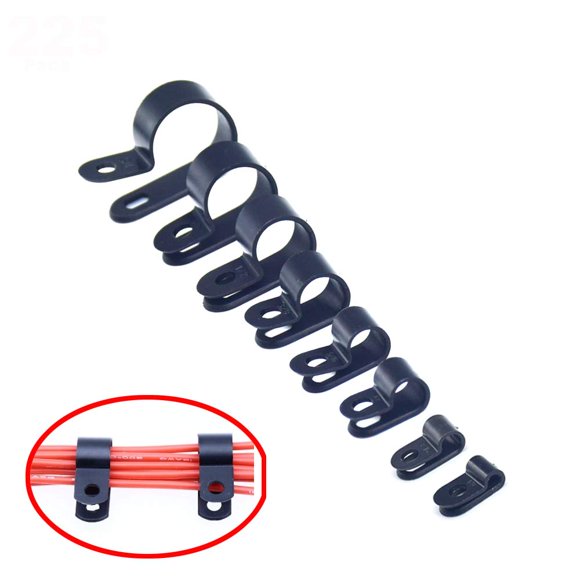 Yosawa 225-Pieces Nylon Rope Light R-Style Cable Clamp Mounting Clips for 1/8", 3/16", 1/4", 5/16", 3/8", 1/2", 5/8", 3/4" Diameter Wire Management Black