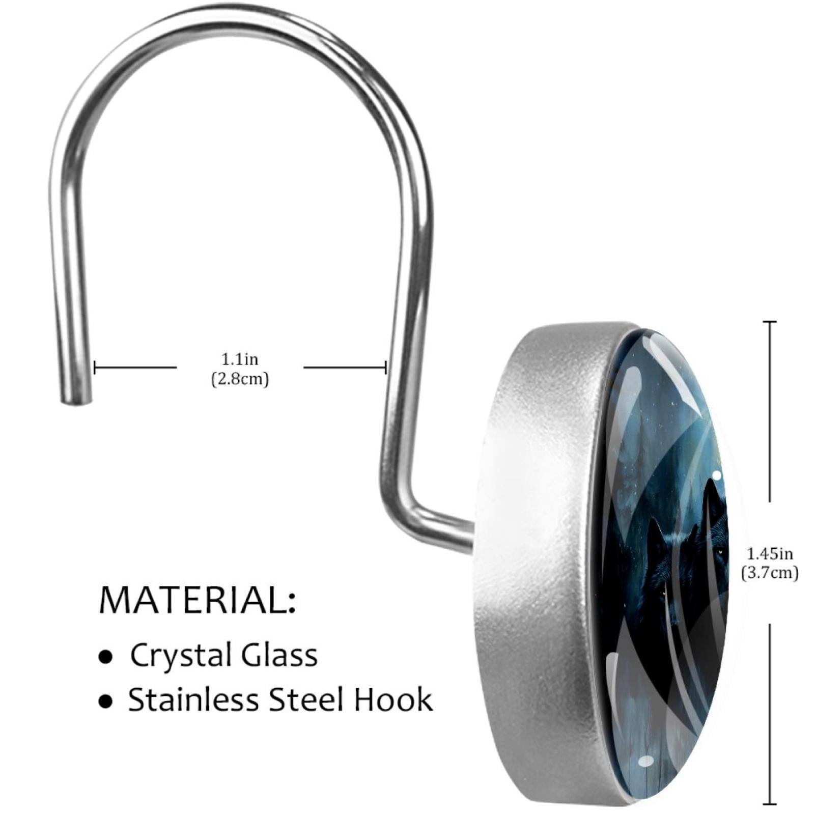 Night Forest Wolves Shower Curtain Hooks Round Crystal Glass, Set of 12 Shower Curtain Rings - Shower Hooks for Curtain Shower Rings