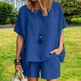 thumbnail image 5 of Bmisegm Ladies Loose Casual Round Neck Solid Color Cotton Two Piece Shorts Suit Blue XXL, 5 of 5