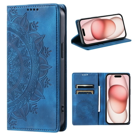 Wallet Case for iPhone 7 / iPhone 8 / iPhone SE 2022 & 2020 Embossed Pattern Flip Kickstand Classic PU Leather Case with Card Holder, Magnetic Shockproof Totem Pattern Purse Cover, Blue