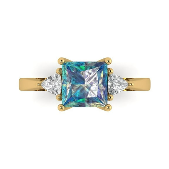 2.32 ctw 3 Stone Anniversary Ring for Women | Princess Cut Blue Moissanite | Hyperallergenic Solid 14K Yellow Gold