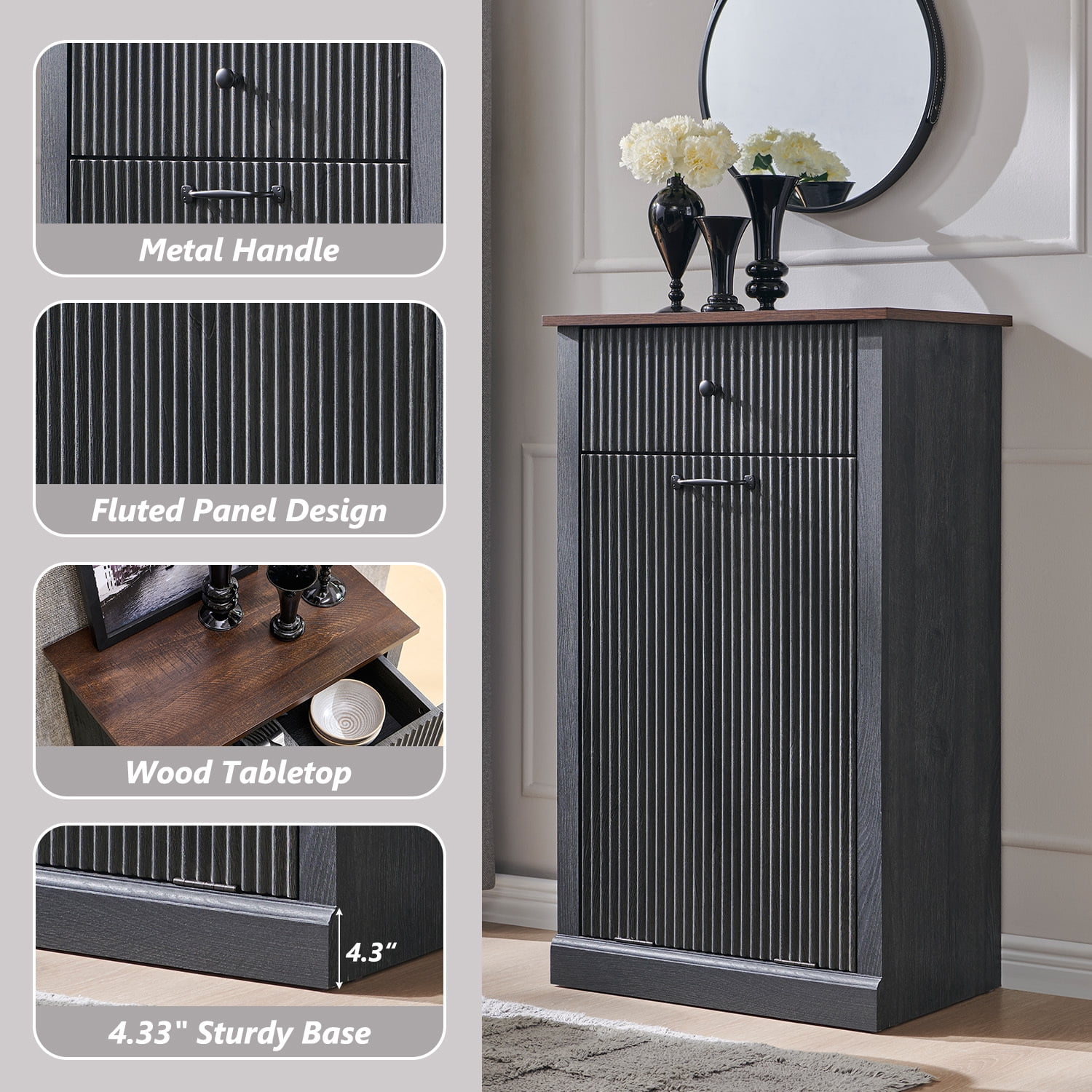 IFGET Fluted Tilt-Out Trash Can Cabinet, 10 Gallon Wood Hidden Garbage Can Cabinets with Storage Drawers, Laundry Hamper Cabinet for Bathroom, Kitchen