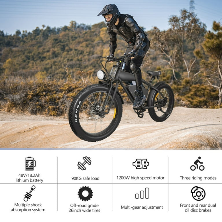 Hidoes 26 Fat Tire Electric Mountain Bike 1200W for Adults Shimano 7 Speeds Electric Bikes City Cruiser E bike up to 37mph 38miles 265lbs Capacity Walmart