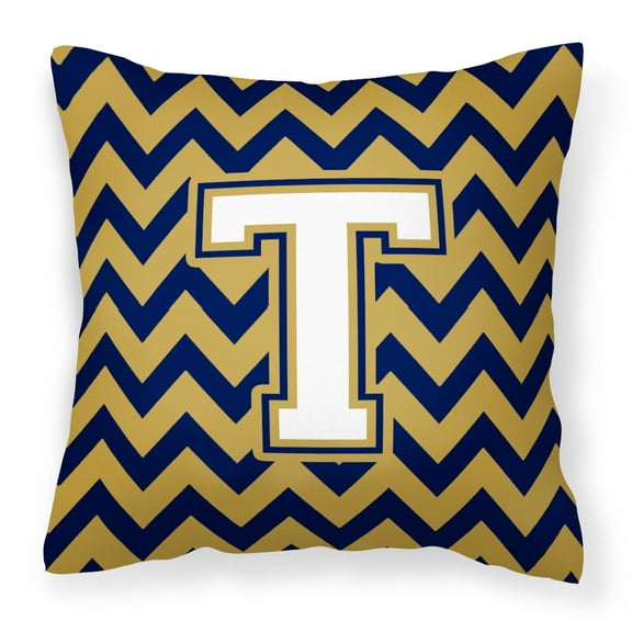 Letter T Chevron Navy Blue and Gold Fabric Decorative Pillow