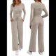 thumbnail image 3 of Conjuntos de Dos Piezas para Mujer, para Estar en Casa, para Otoño, con Suéter de Cuello Henley, Pantalones Anchos y Chándal Caqui M, 3 of 8