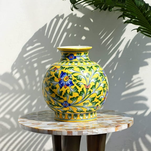India Meets India Ceramic Flower Vase [Yellow], Decorative Curved Flower Vase for Home Décor/Living Room/Office/Table Top/Dining Area and Windowsill Décor, 8 INCHES