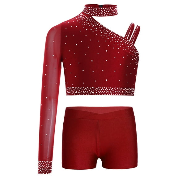 TSSOE Kids Girls Sequins Jazz Latin Hip Hop Dance Wear Long Sleeve One Shoulder Crop Tops Athletic Shirts with Shorts Set Burgundy 8