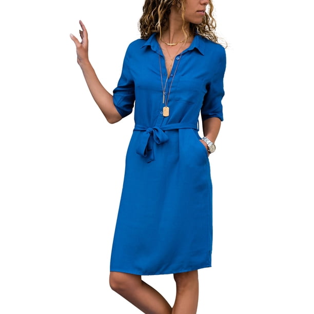 Qarigey Vestido de camisa de mujer Botón Vestido de manga larga Cintura con cordones Ropa Prendas para la parte del cuerpo Cielo azul SG