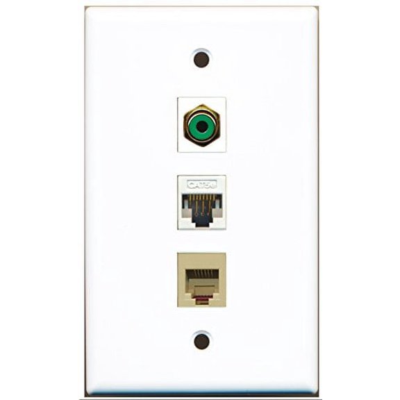 RiteAV - 1 Port RCA Green and 1 Port Phone RJ11 RJ12 Beige and 1 Port Cat5e Ethernet White Wall Plate