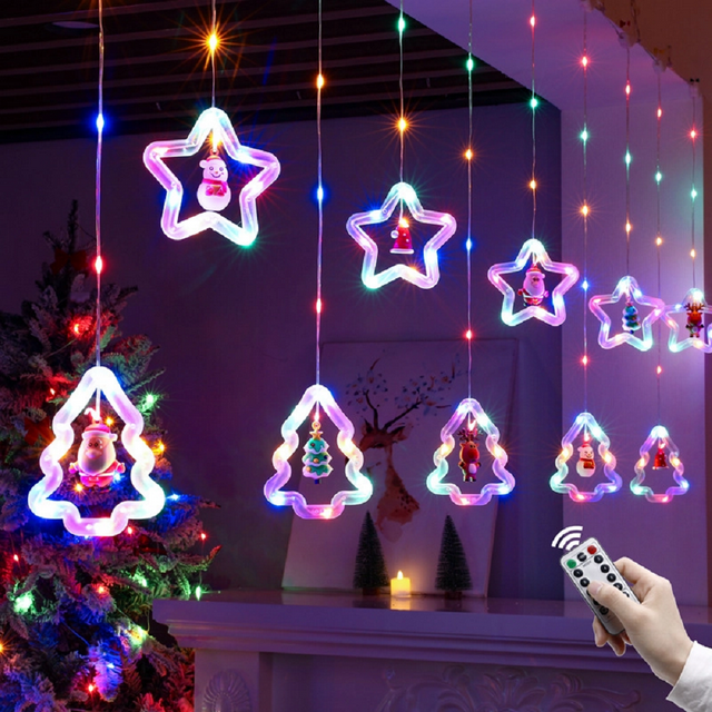 WILLED Christmas String Lights 120 LED Window Curtain Lights with Remote, 9.8ft USB Powered Multicolor Waterproof Fairy Lights with Hanging Xmas Ornaments for Indoor Outdoor Xmas Tree Patio Garden