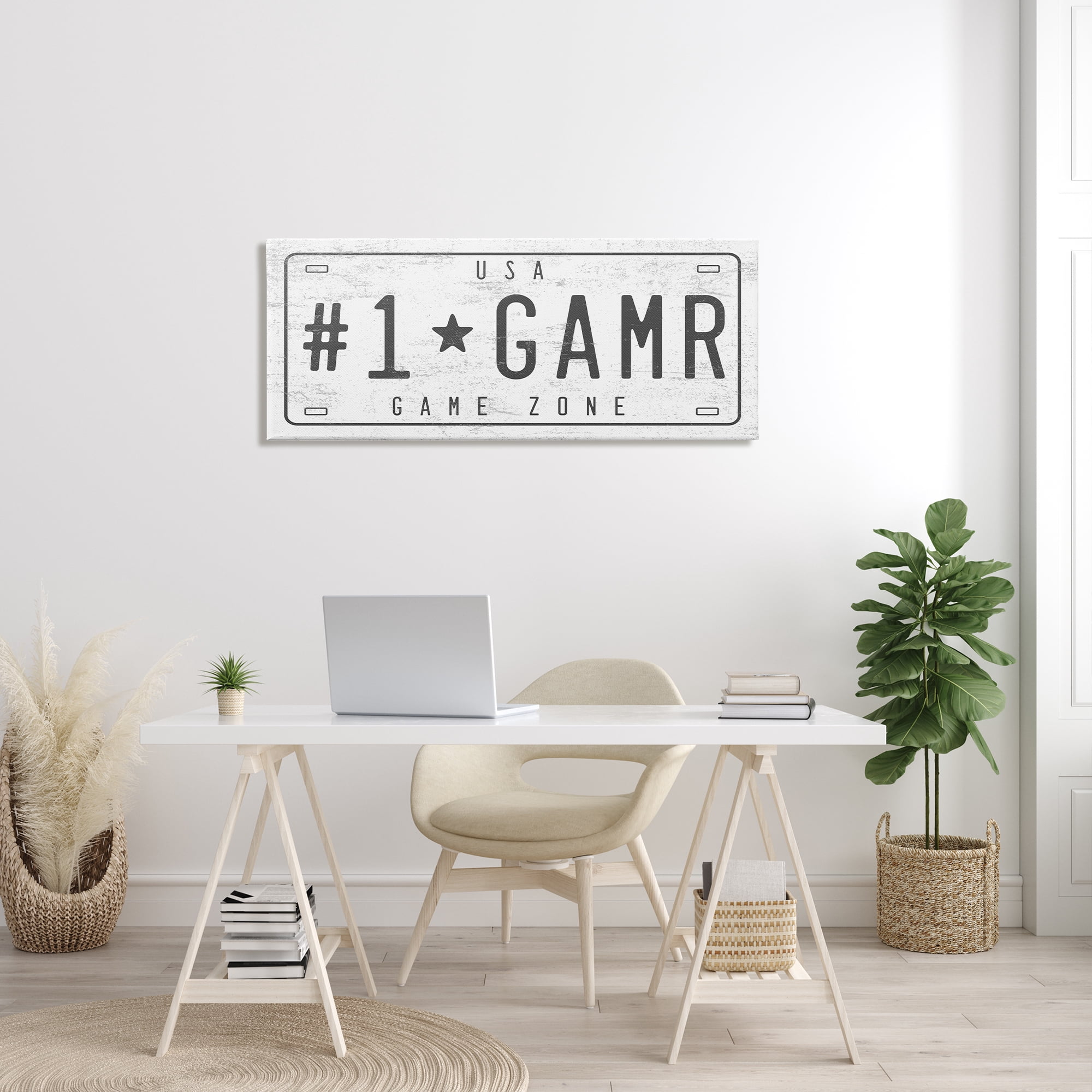 Stupell Industries Number One Gamer Vintage Car License Plate Transportation Painting Gallery Wrapped Canvas Print Wall Art, 20 x 48