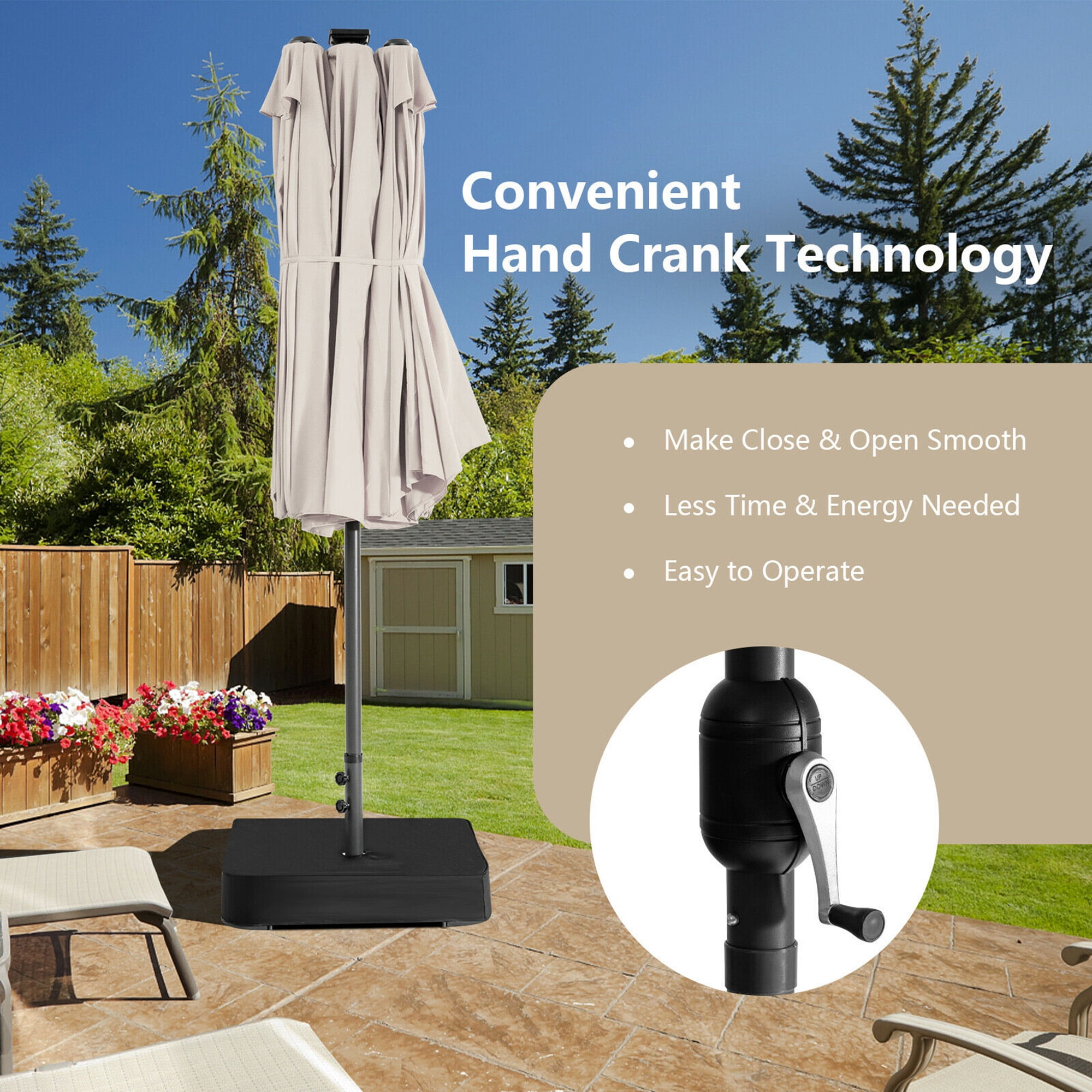 Gymax Outdoor 15' Double-Sided Patio Umbrella 48 Solar LED Lights Crank & Base Beige