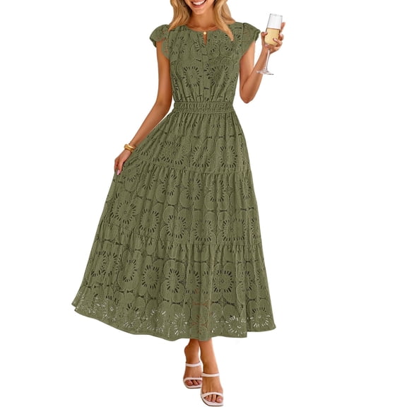 Merokeety Womens Summer Dresses Lace Eyelet Boho Flowy Maxi Beach Vacation Dress ArmyGreen m