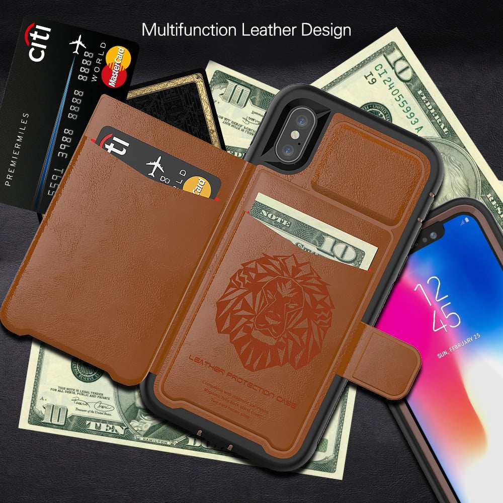 BUNDLE: Kona Vegan Leather Folio Wallet Case (Brown) & Selfie Stick Mini Tripod 2.0 (Purple) for Apple iPhone XS / X - Kickstand, Card Slots, Car Mount Compatible, Magnetic Closure