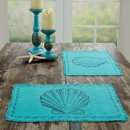Deep Rectangle Tabletops - Ashton & Willow Aqua Blue Coastal Tabletop Kitchen Sandy Burlap Cotton Stenciled Cotton Burlap Nautical Rectangle Placemat Set of 6
