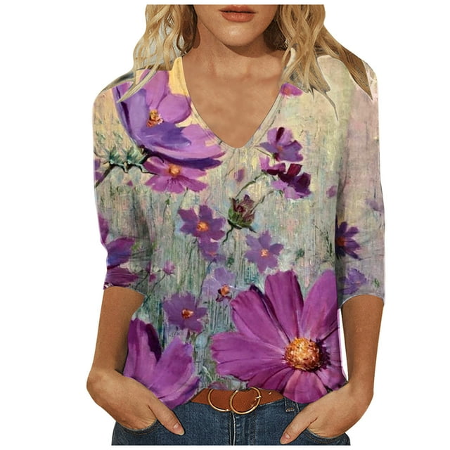 Hauts à Manches 3/4 pour Femmes Mode Imprimée T-Shirt Ample Blouse à Manches 3/4 Col en V Hauts Décontractés T-Shirts pour Femmes Mode T-Shirts à Manches 3/4 pour Femmes