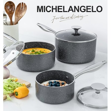 Granite Saucepan Set of 3 (1.5Qt, 2Qt, 3Qt) Nonstick Pots with Non-Toxic Coating, All Cooktops Compatible