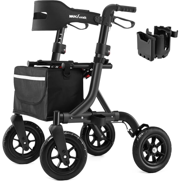 Rollator Walker for Seniors, Foldable All Terrain Rolling Walker with seat, Aluminum Walkers with 10 inch Rubber Wheels, Built-in Cable, Cup Holder, Adjustable Handles and Backrest for Seniors, Black