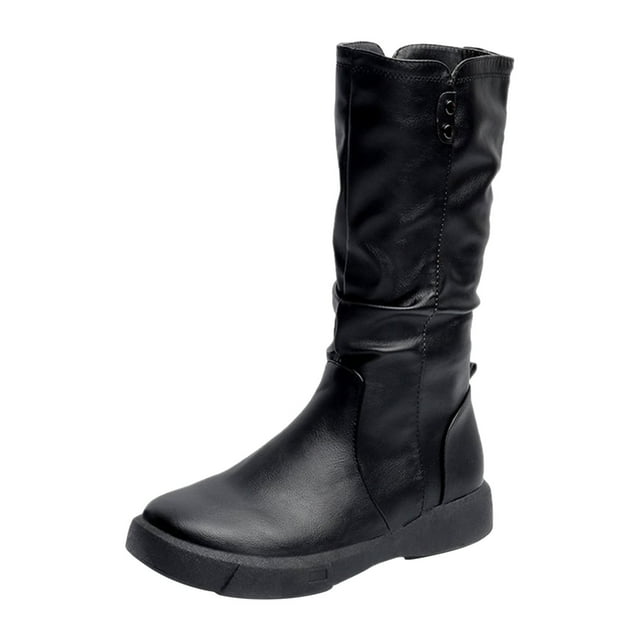 Womens Shoes Pointed Zip Warm Solid Color Knight Boots Leather Boots Low-heel Mid-calf