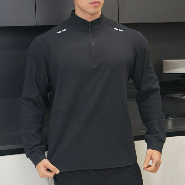 pstuiky camisas de manga larga para hombre, Camiseta deportiva informal de manga larga para hombre, color liso, con cuello alto, media cremallera y hebilla, ajustada camisetas de hombre m