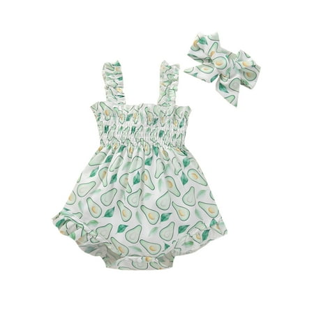 

Newborn Baby Girls Sleeveless Onesies Bodysuit Jumpsuit Fruit Print Elastic Bust Romper and Headband