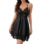 LWP Women Nightgown Sexy Sleepwear V-neck Modal Babydoll Lace Chemise Lingerie Lounge Dress