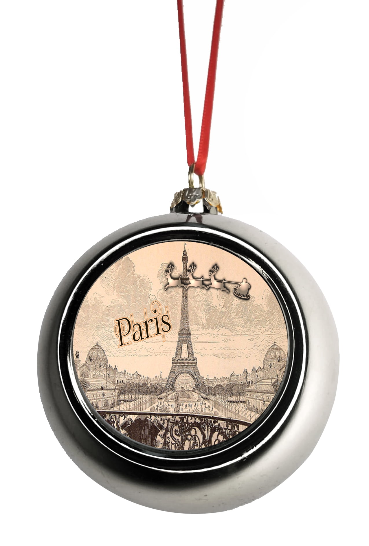 Ornament Vintage Santa Claus and Sleigh Riding Over The Eiffel Tower