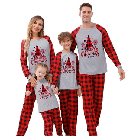 

Family Matching Christmas Pajamas Sets Long Sleeve Letter Print Tops + Plaid Pants or Long Sleeve Patchwork Jumpsuit