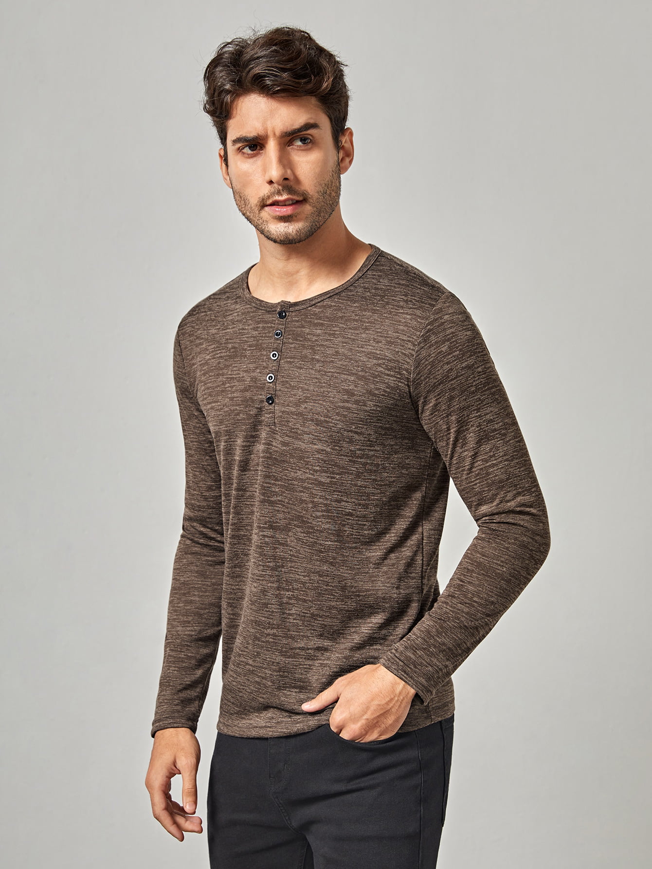 Losait Mens Single Breasted Splice Long-Sleeve Relaxed Classic T-Shirts