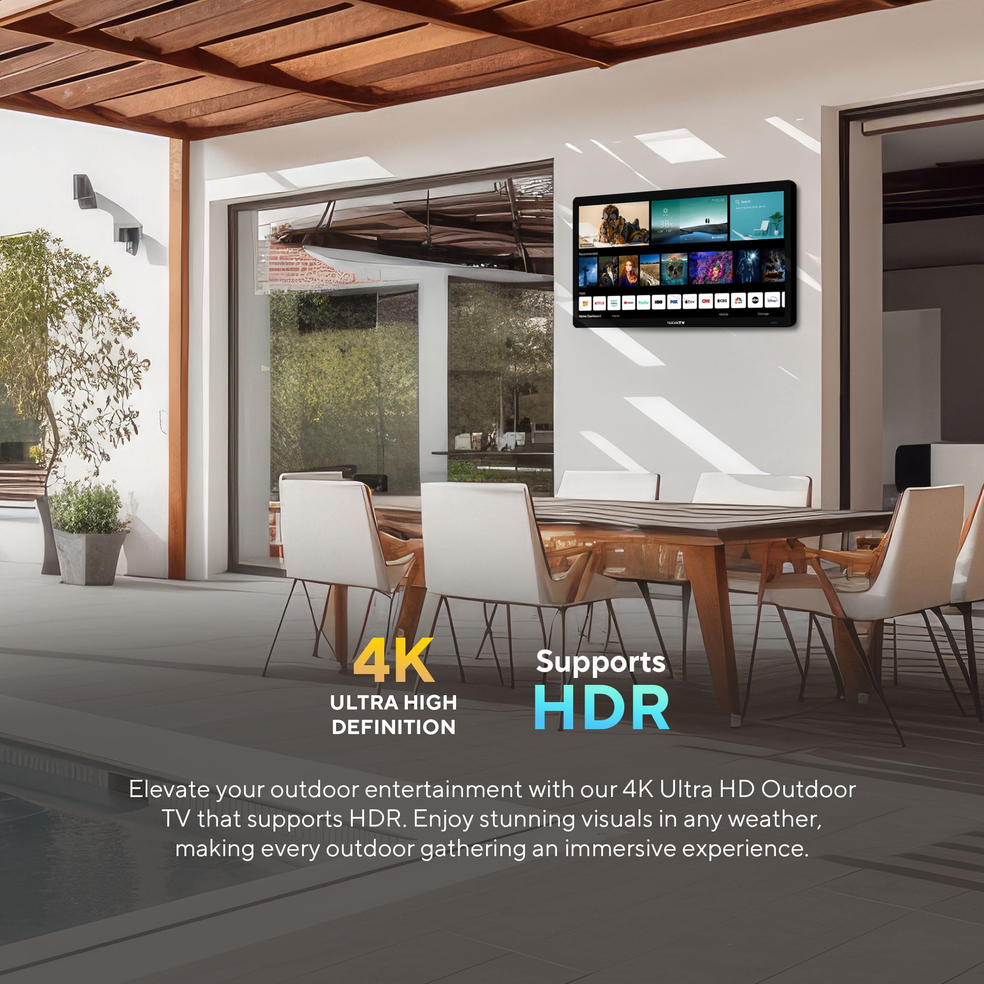 NavaTV 43" 4K UHD LED Partial Sun Outdoor Smart TV + Wall Mount, IP54 Weatherproof, Tempered Anti-Glare Television (NVTV430SM)