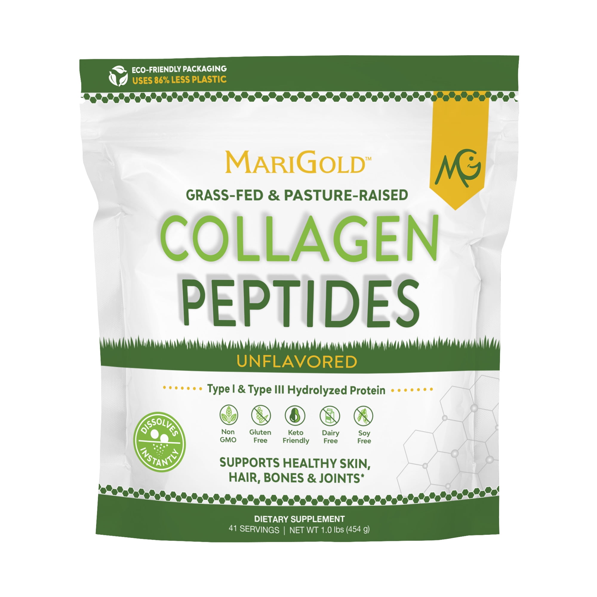 MariGold Grass-Fed Collagen Peptides - Unflavored 1LB - Type I & III Hydrolyzed - Recovery Amino Acids