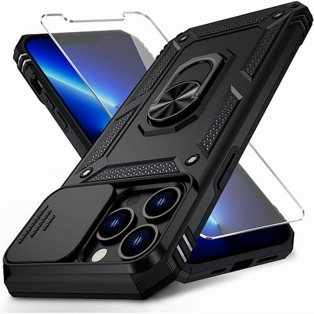 wonima11 Vinve for iPhone 13 Pro Max Case with Slide Lens Cover, HD Screen Protector, Military Grade Drop Protection, Magnetic Rotated Ring Holder Kickstand Phone Case (Black)