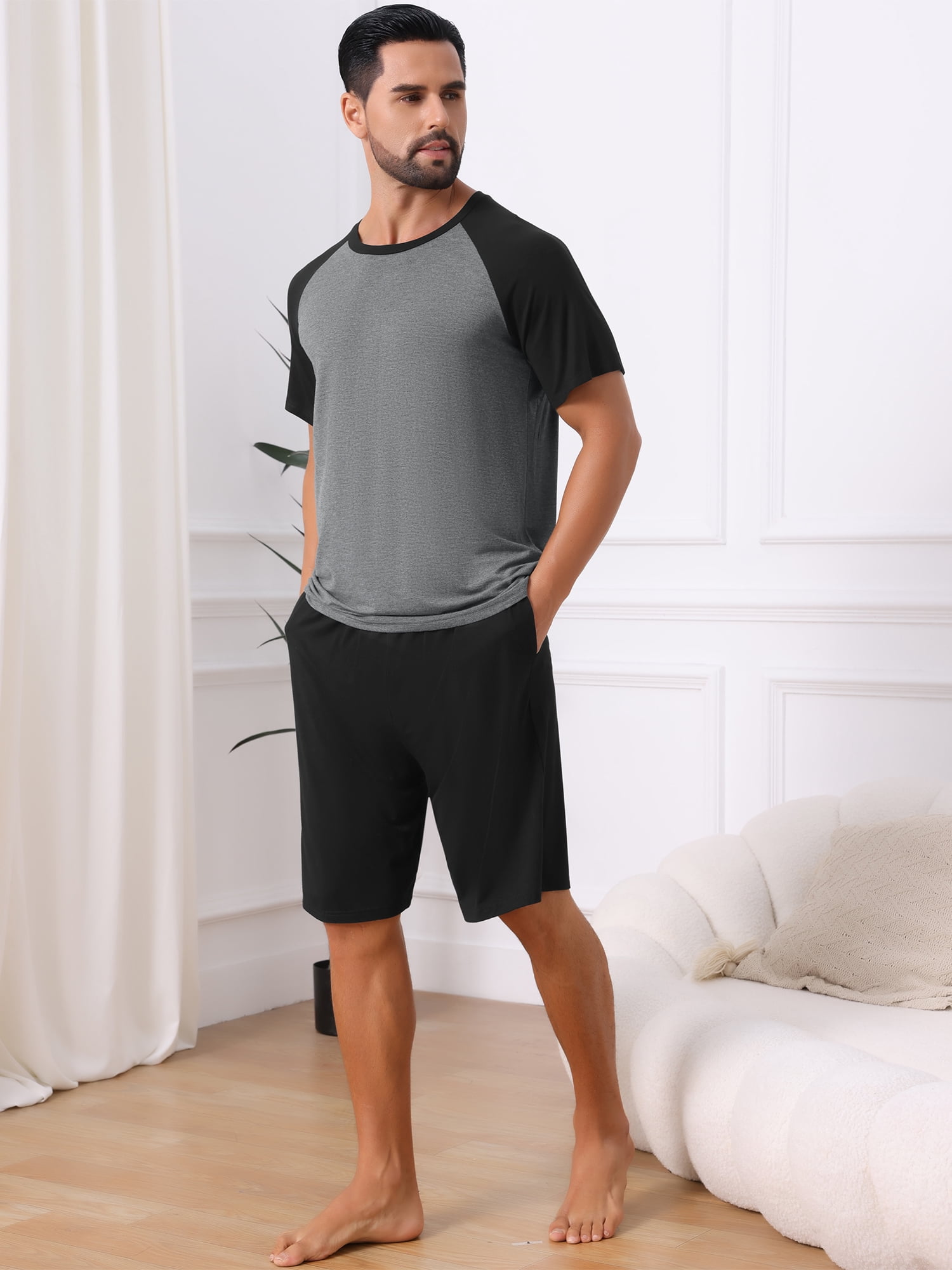 DARING DIVA Men's Sleepwear Pajama Raglan Crew Neck Drawstring Pajama Set XL Black Gray