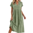 thumbnail image 5 of Kojanyu Women's Summer Fashion Solid Color V-Neck Short Sleeve Pocket Knee-Length Dress – Lightweight Casual Cotton-Like Polyester Midi Dress for Daily Wear, 5 of 6